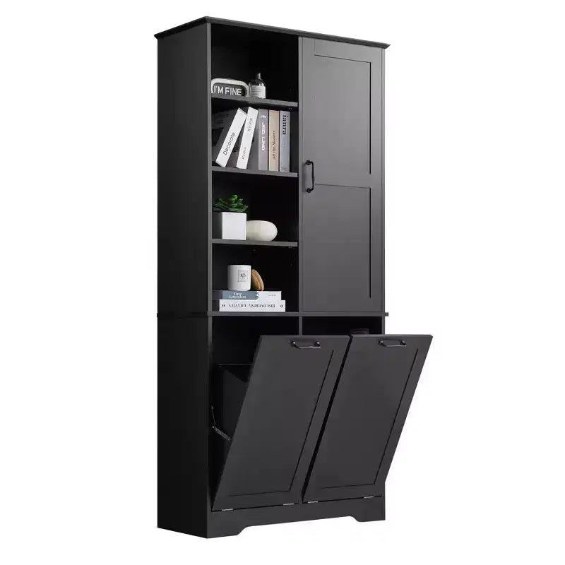 Meuble de rangement de salle de bain avec portes et tiroirs, panier à linge inclinable, plusieurs espaces de rangement, style autoportant