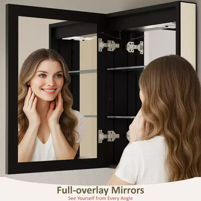 Armoire de toilette avec miroir LED, montage en saillie ou encastré, lumière dimmable, anti-buée, étagères réglables