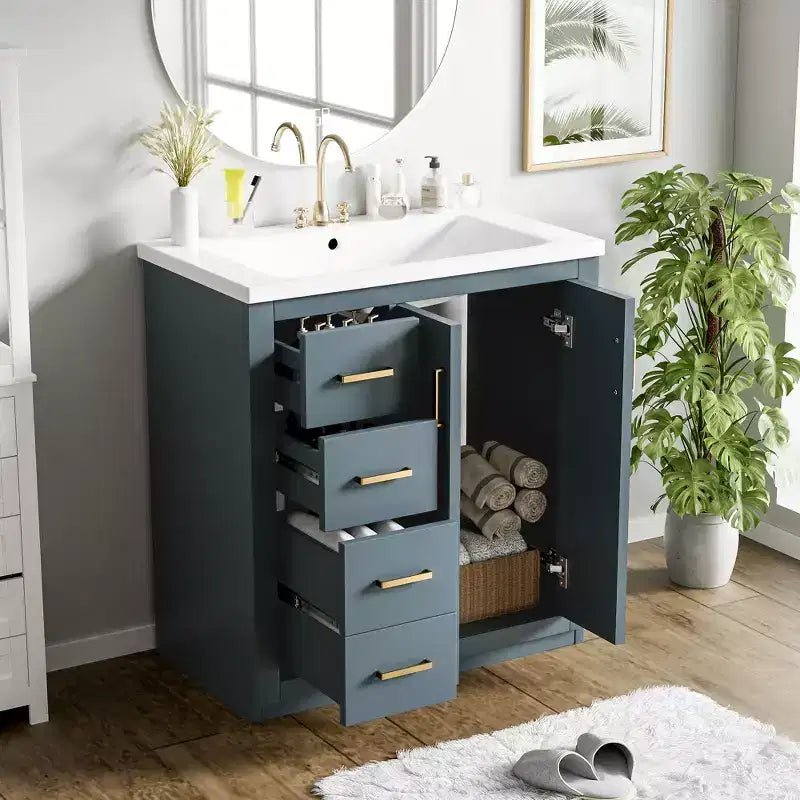 Meuble-lavabo de salle de bain à évier simple de 76 cm avec armoire et 3 tiroirs – Noir / Bleu / Vert / Indigo / Blanc