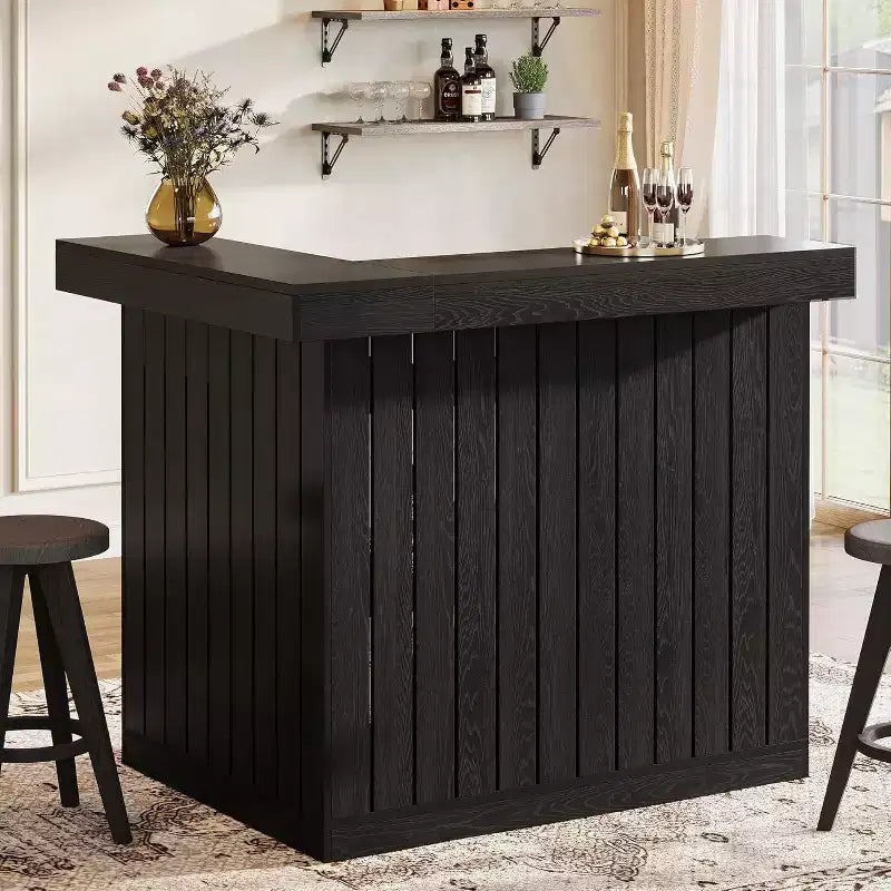 Bar de salon en L Lantine, bar à liqueurs d'angle à 4 niveaux avec étagères de rangement et porte-verres à vin pour pub à domicile