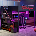Lit mezzanine pleine grandeur pour gamer avec bureau et lumière LED, lit surélevé pleine grandeur en bois avec escalier de rangement et USB, rouge + noir