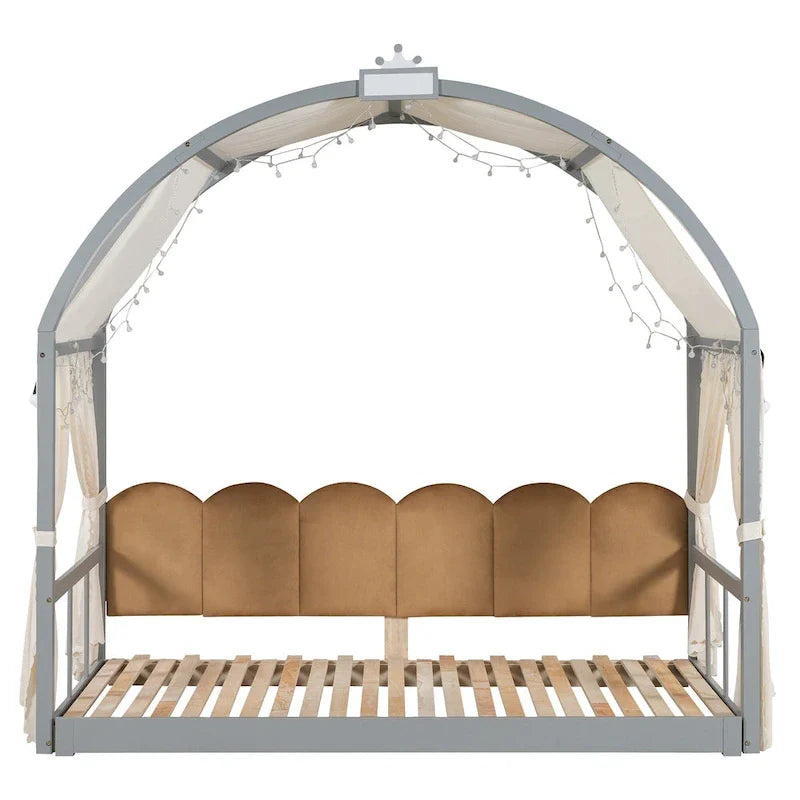 Lit cabane Montessori en bois massif avec plateforme, toit voûté et lit gigogne pour filles et garçons