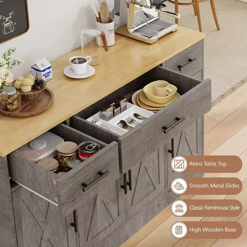 Buffet de cuisine Celebalcony avec rangement, grand buffet de cuisine de 135,6 cm avec 3 tiroirs et 4 portes, étagère réglable pour cuisine, salon