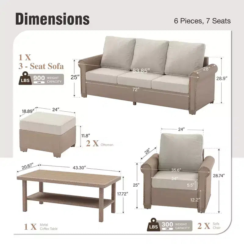 Captiva Designs Salon de jardin 6 pièces de luxe en osier avec accoudoirs incurvés et coussins