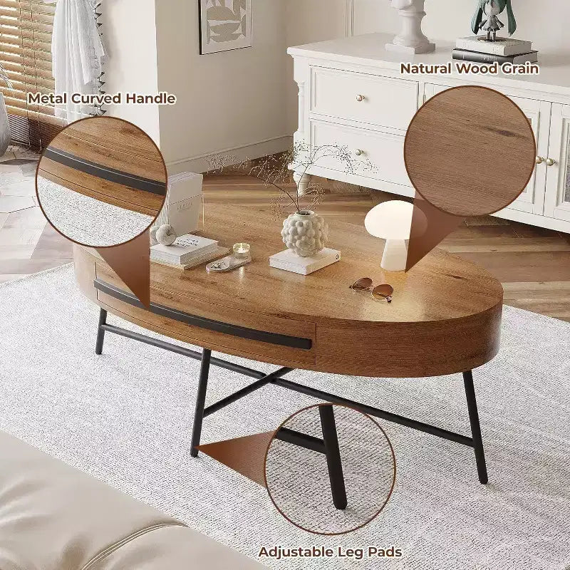 Table basse ovale Acekool avec tiroir, table de rangement en bois 120 cm avec pieds en métal croisés, table basse de style moderne du milieu du siècle en saule naturel et doré