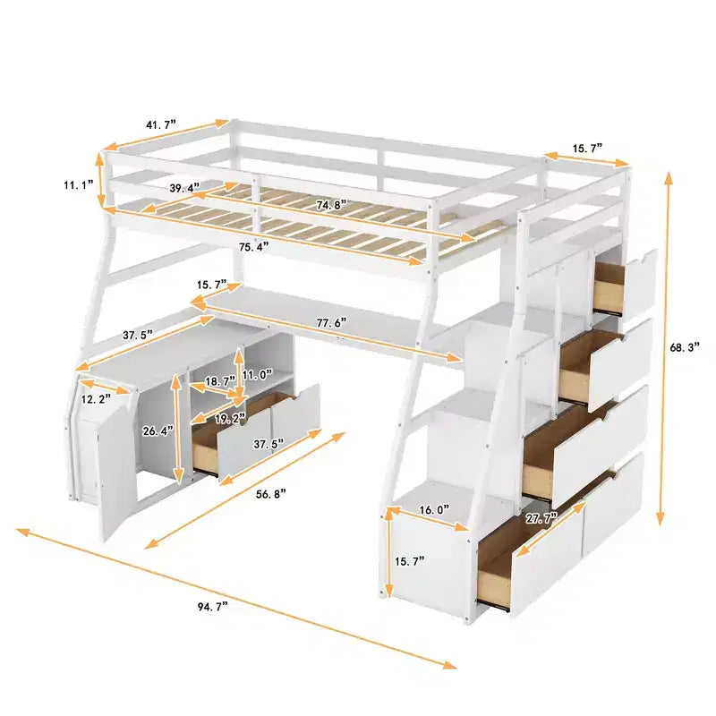 Lit mezzanine simple avec 7 tiroirs, 2 étagères, armoire et bureau pour enfants et adolescents