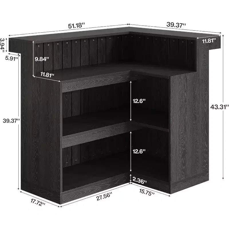 Bar de salon en L Lantine, bar à liqueurs d'angle à 4 niveaux avec étagères de rangement et porte-verres à vin pour pub à domicile