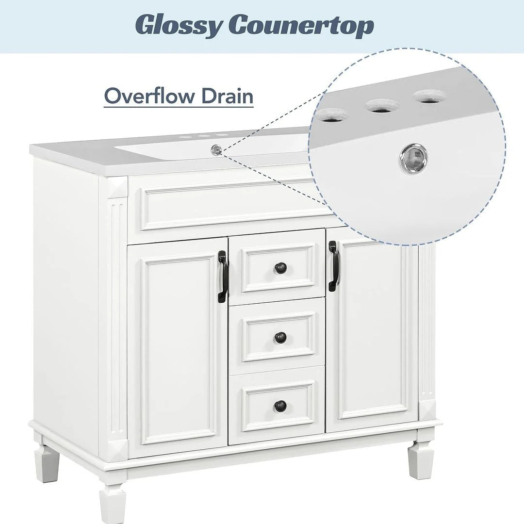 Meuble-lavabo de salle de bain moderne de 91 cm avec lavabo et armoire de toilette, 2 portes et 2 tiroirs
