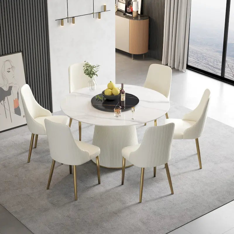Table à manger ronde de 53 po pour 6 personnes avec plateau en pierre frittée et plateau tournant