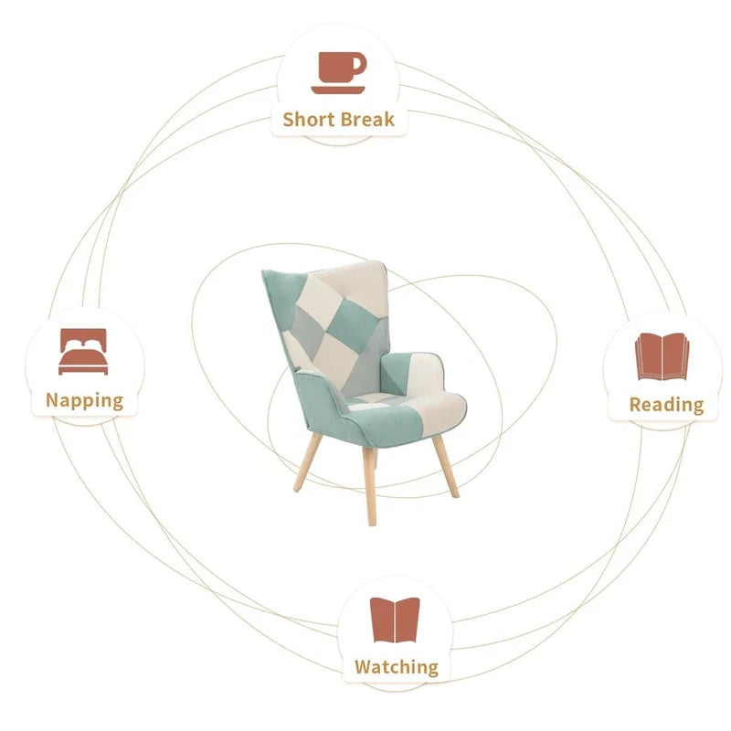 Fauteuil d'appoint avec pouf, ensemble fauteuil et pouf de salon, fauteuil d'appoint confortable pour chambre à coucher, surface en tissu à épissures créatives