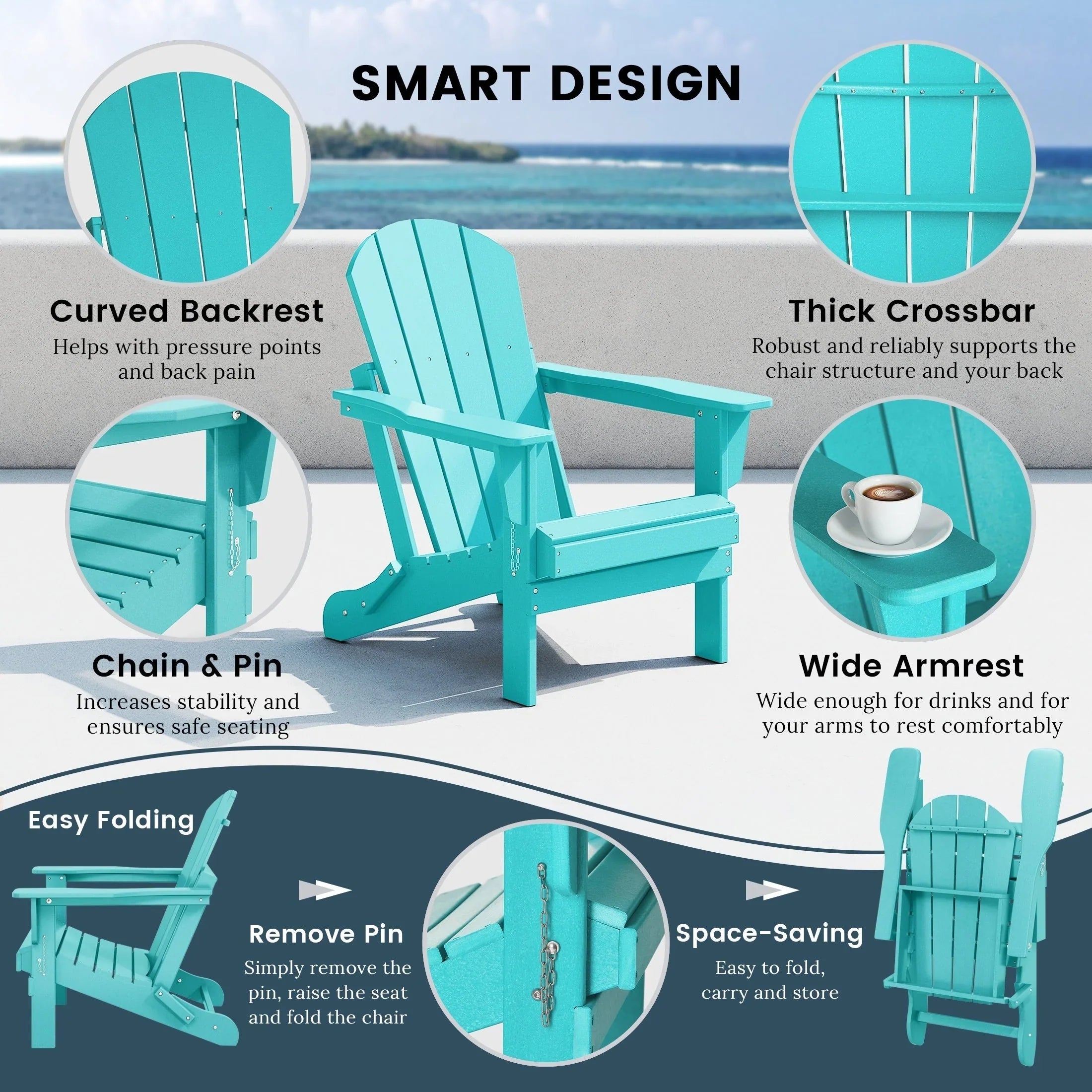 Chaise Adirondack pliante d'extérieur tout temps Polytrends Laguna résistante à la décoloration pour patio