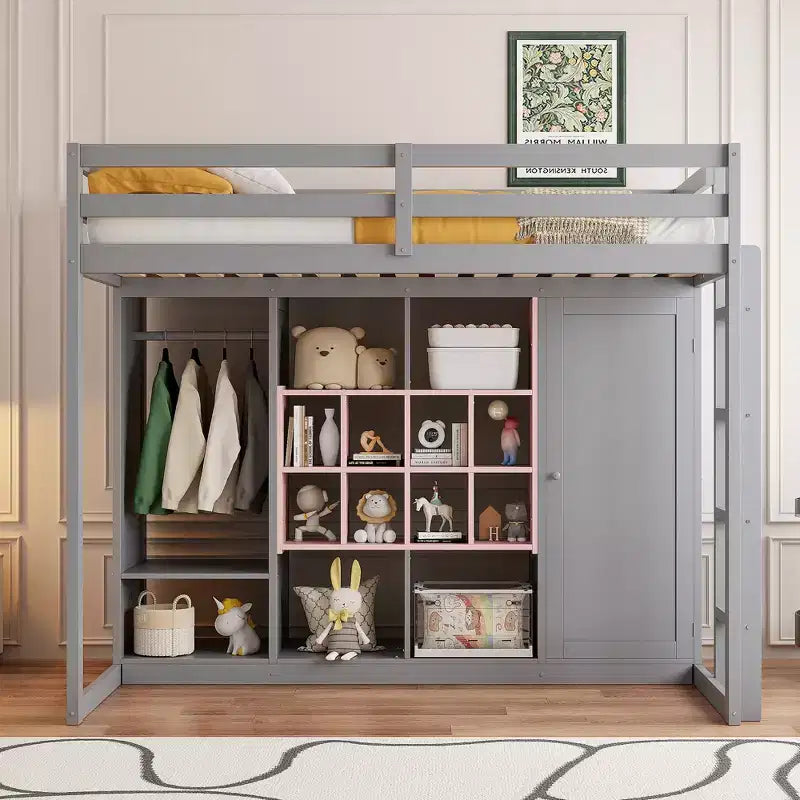 Lit mezzanine enfant avec armoire et étagères, Cadre de lit mezzanine en bois avec meuble de rangement pour enfants et adolescents