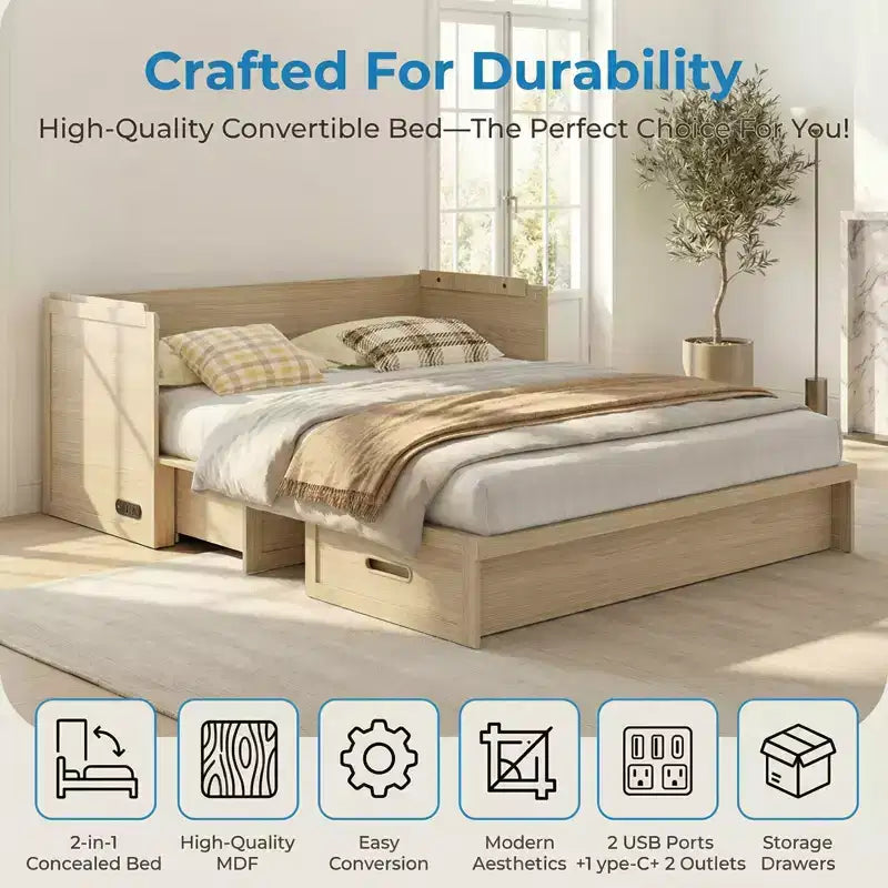 Lit armoire escamotable convertible Mjkone Queen Size avec chargement USB, tiroirs de rangement, matelas non inclus