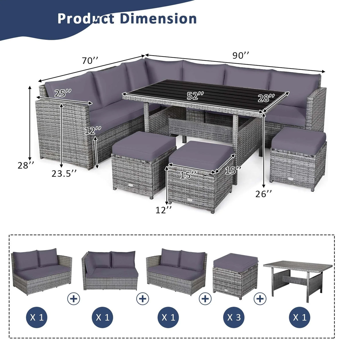 Ensemble de salle à manger Costway 7 pièces en rotin pour terrasse, canapé sectionnel et pouf - Voir détails