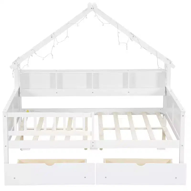 Cadre de lit maison pleine grandeur avec tiroirs, lit plate-forme maison avec lumières LED, étagères de rangement et tiroirs, lit de repos en bois avec toit et garde-corps