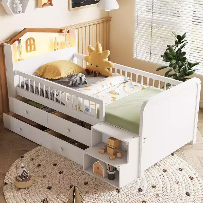 Lit mezzanine bas Whisen avec lumières LED, tête de lit en forme de maison et tiroirs de rangement, construction robuste