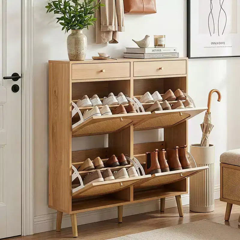 Karl Home Meuble à chaussures en rotin avec 2 tiroirs et 4 compartiments basculants en panneaux de particules 105 cm (L)