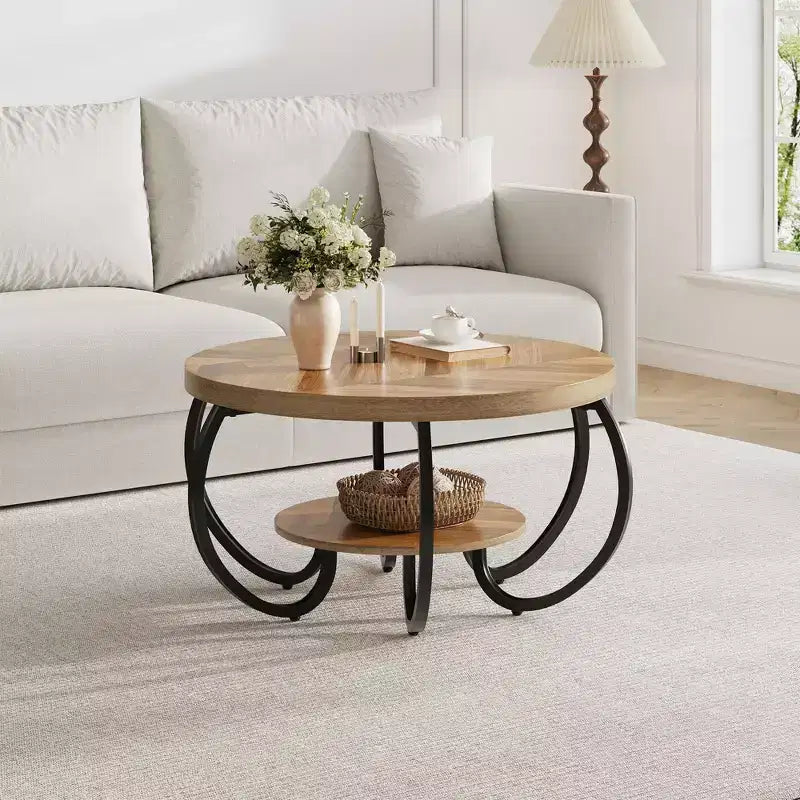 Table basse industrielle ronde de 30 pouces à 2 niveaux avec pieds réglables, étagère à grain de bois, motif flamme, assemblage facile, salon