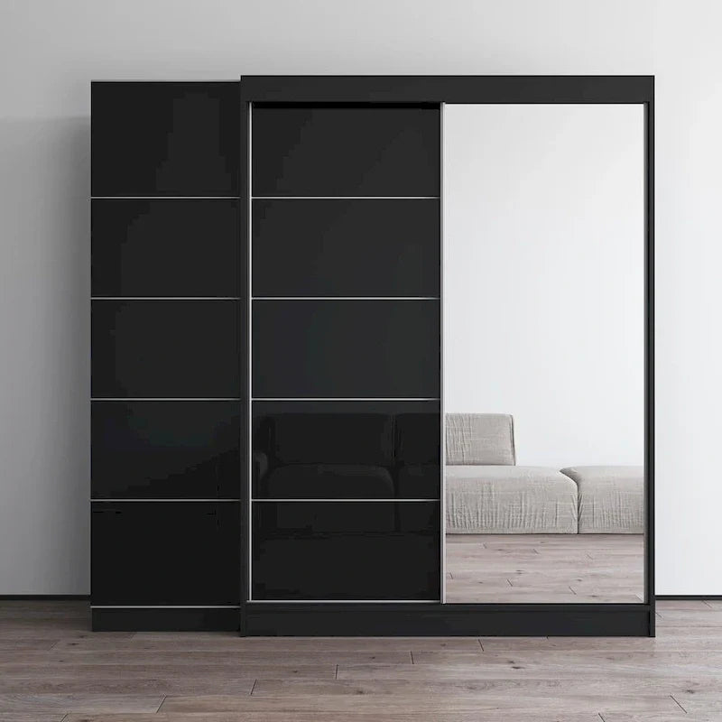 Armoire 2 portes avec miroir, façade vitrée, 2 personnes (Gris / Noir / Blanc)