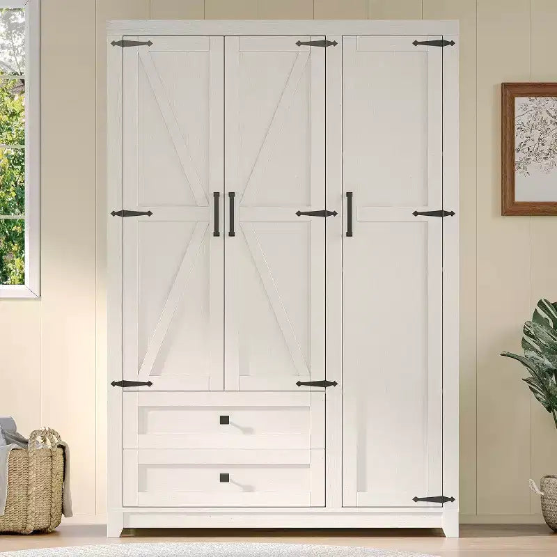 AMERLIFE Armoire de garde-robe de ferme 47 avec 3 portes, 2 tiroirs, tringle à vêtements et étagères réglables, organisateur de placard autoportant