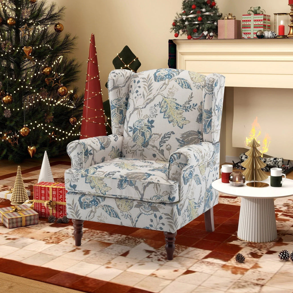 Fauteuil d'appoint moderne Erommy, fauteuil à dossier haut, canapé simple en tissu rembourré avec boutons et pieds en bois pour salon