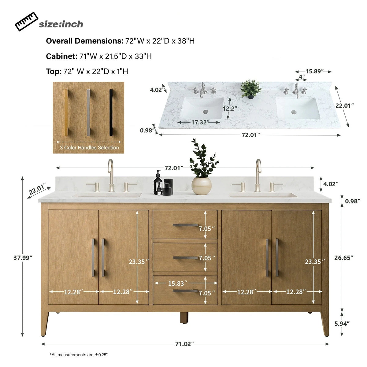 Meuble-lavabo de salle de bain Vanity Art 72 po à double vasque avec dessus en marbre reconstitué