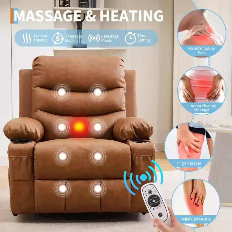 Fauteuil inclinable surdimensionné 360 pivotant et berçant avec massage et chaleur - Fauteuil de salon ergonomique avec porte-gobelets, poches latérales pour salon, chambre de bébé