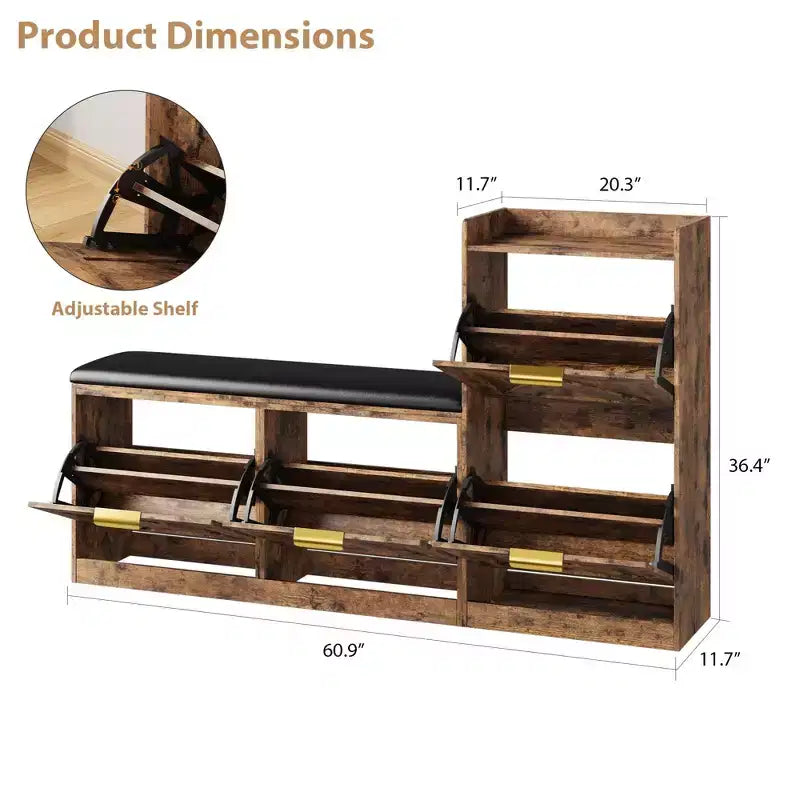 Meuble à chaussures de ferme avec banc, organisateur de rangement de chaussures d'entrée avec 4 tiroirs à abattant et siège rembourré confortable, banc à chaussures autoportant