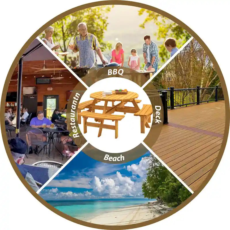 Ensemble de salle à manger rond en bois de sapin pour patio extérieur 8 personnes avec 4 bancs intégrés et trou pour parasol