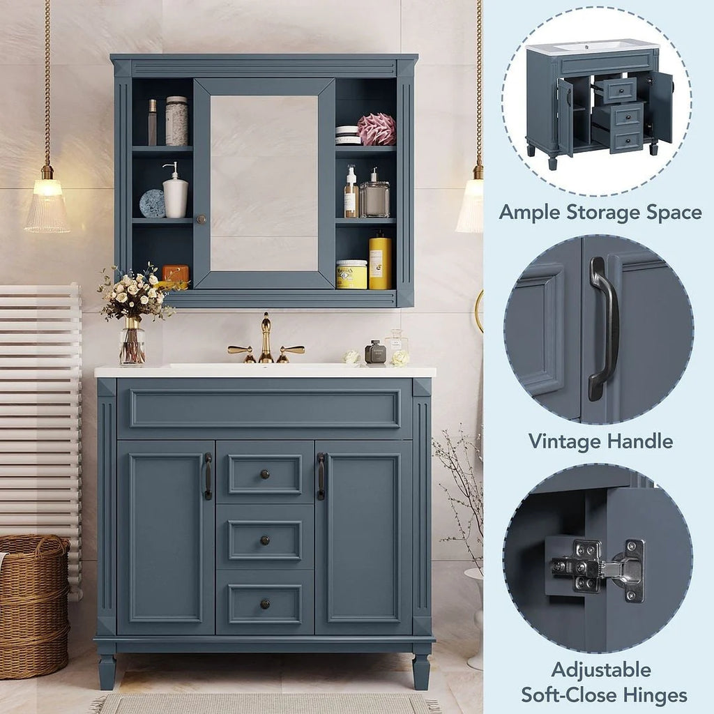 Meuble-lavabo de salle de bain moderne de 91 cm avec lavabo et armoire de toilette, 2 portes et 2 tiroirs