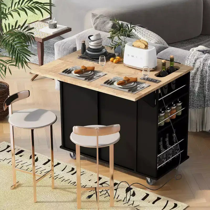 Îlot de cuisine mobile avec prise de courant, abattant et plateau en bois d'hévéa