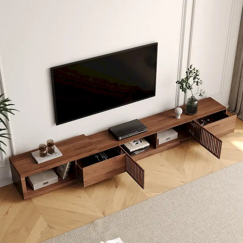 Meuble TV rétractable et extensible moderne avec 4 tiroirs, jusqu'à 261,62 cm - 78,54P x 15,74L x 13,78H