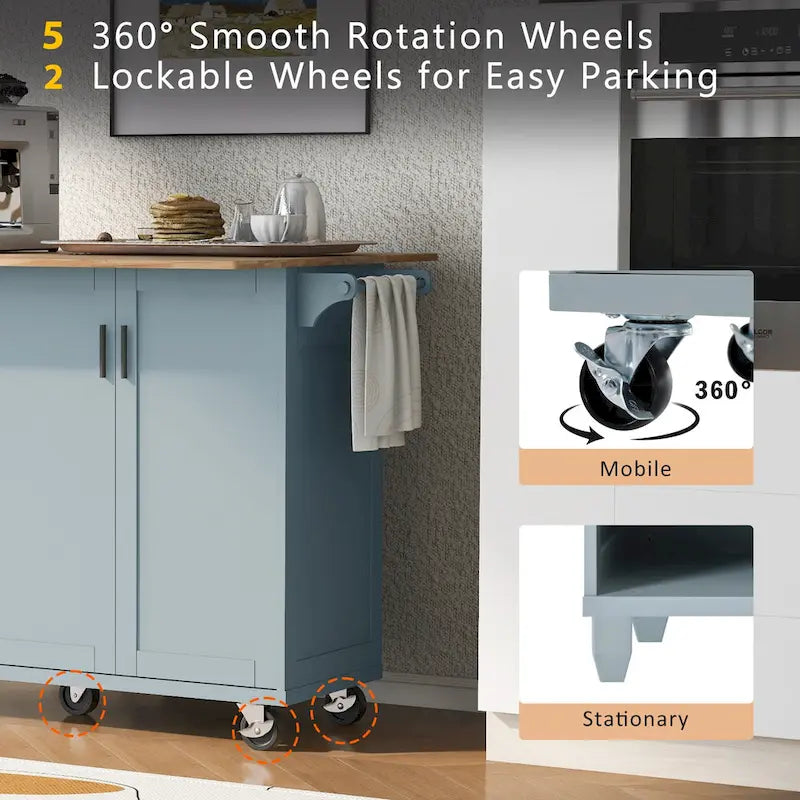 Îlot de cuisine avec plan de travail pliable, desserte de rangement de cuisine avec étagère coulissante, porte-serviettes et tiroir, roulettes.
