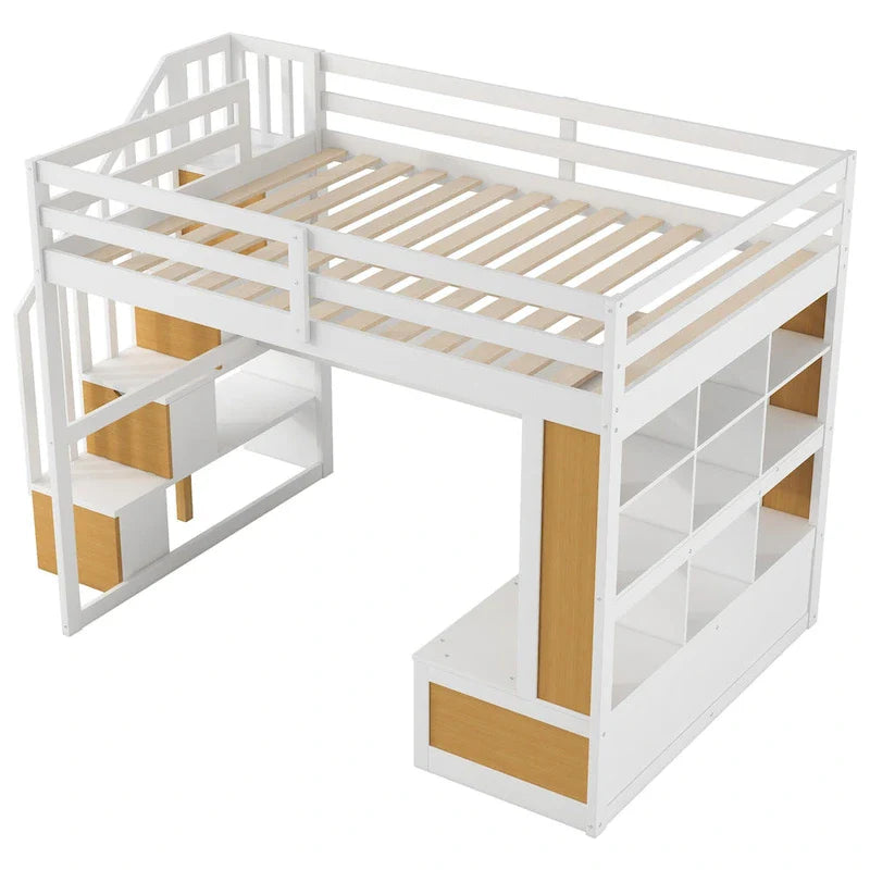 Lit mezzanine en bois massif naturel et blanc avec bureau et tiroirs