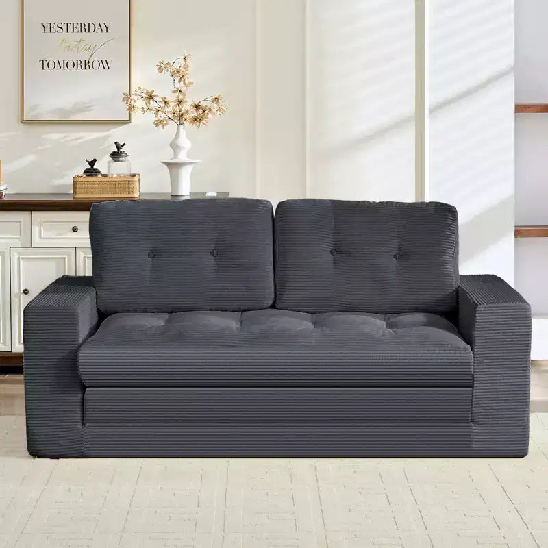 Mjkone Canapé-Lit Futon Convertible 2-en-1 180 cm, Canapé Deux Places Pliable en Tissu Côtelé avec Boutons Touffetés, Idéal pour Petits Espaces