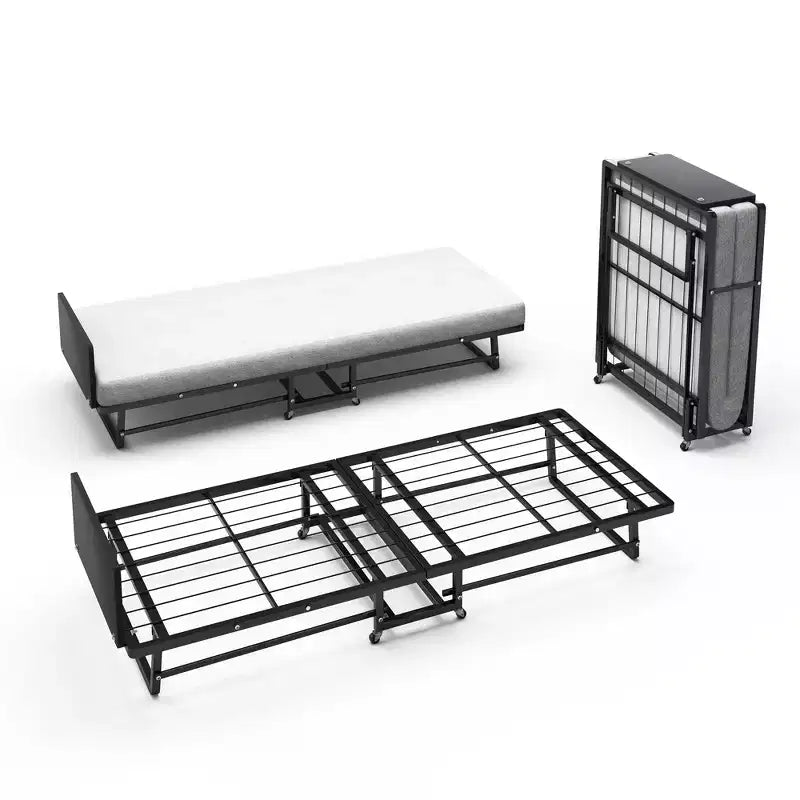 Lit pliant avec matelas, Lits d'appoint portables avec 4 roulettes, Matelas en mousse et cadre en métal, Lit pliant compact de taille berceau