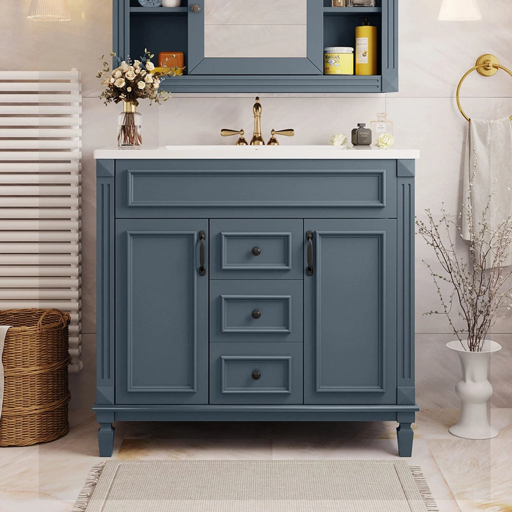 Meuble-lavabo de salle de bain moderne de 91 cm avec lavabo et armoire de toilette, 2 portes et 2 tiroirs