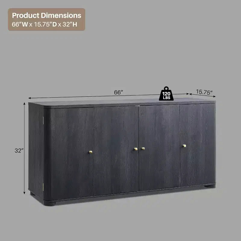 Buffet de cuisine avec 4 portes et étagères, grand buffet de rangement moderne, buffet de rangement de 66 po pour bar à café