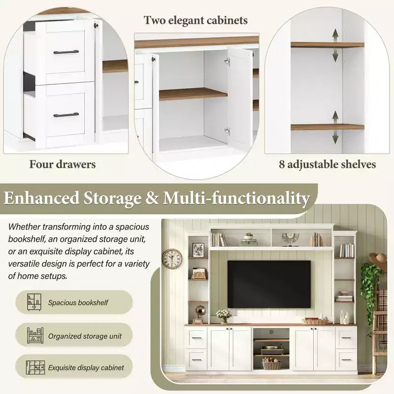 Meuble TV mural 4-en-1 ModernLuxe de style campagnard, convient aux téléviseurs jusqu'à 70 pouces, meuble TV console multimédia avec étagères réglables et tiroirs