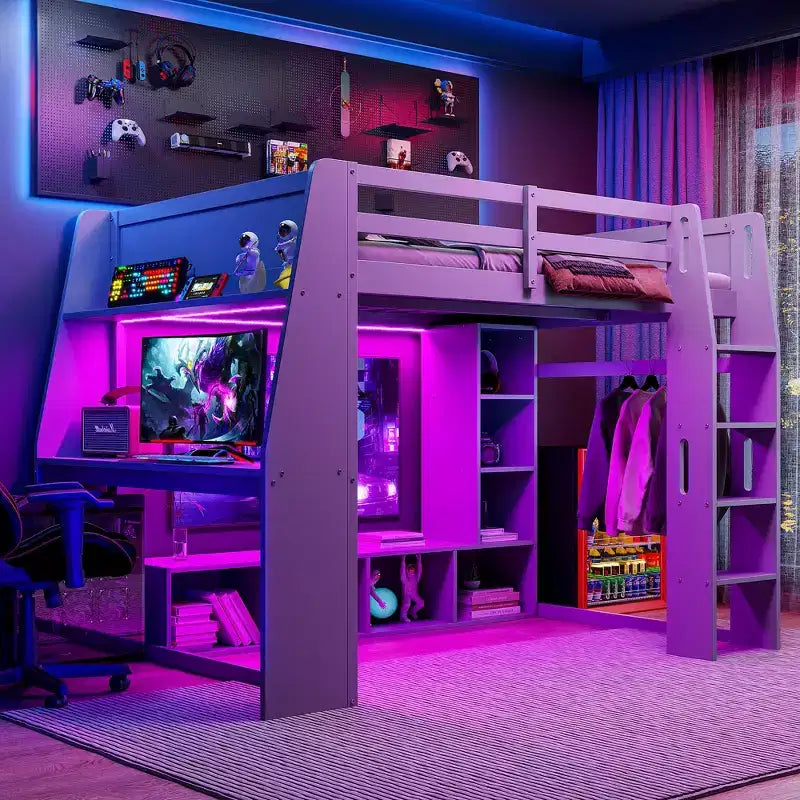 Lit mezzanine gaming Whisen Wood de taille double avec bureau, étagères multi-rangements, LED et une penderie suspendue