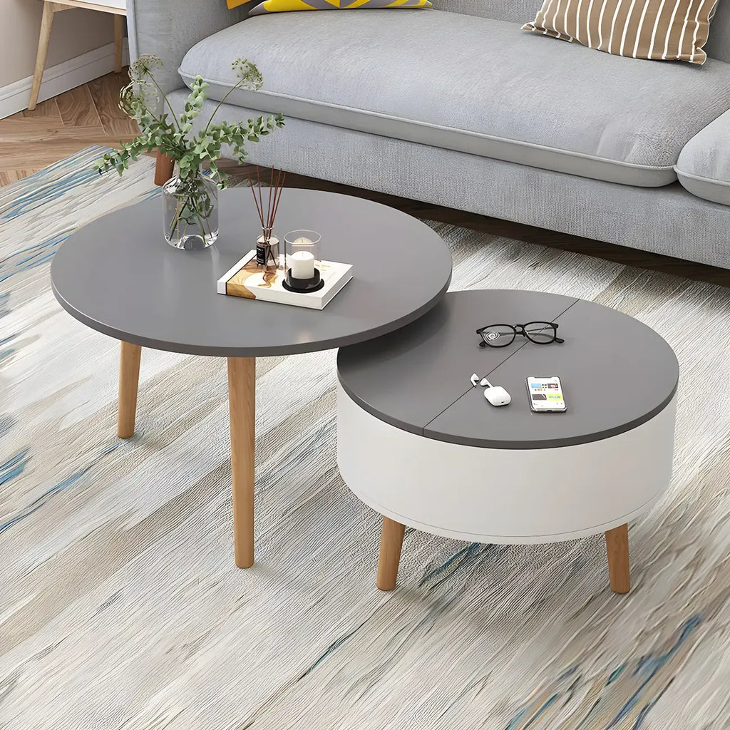 Table basse ronde moderne en bois noir et blanc avec rangement