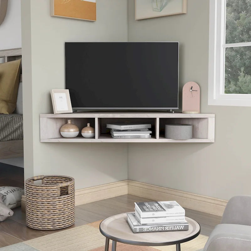 Meuble TV d'angle flottant 47", 3 étagères, style transitoire, montage mural peu encombrant
