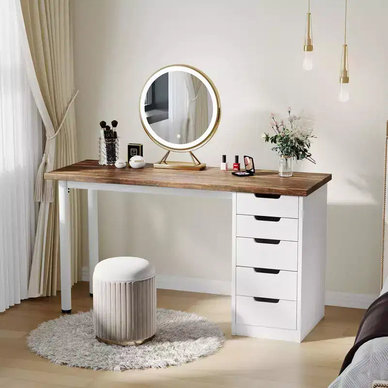 Bureau d'ordinateur de 119 cm avec 5 tiroirs de rangement, table d'étude/d'écriture réversible de style rustique moderne, poste de travail de bureau à domicile pour petits espaces