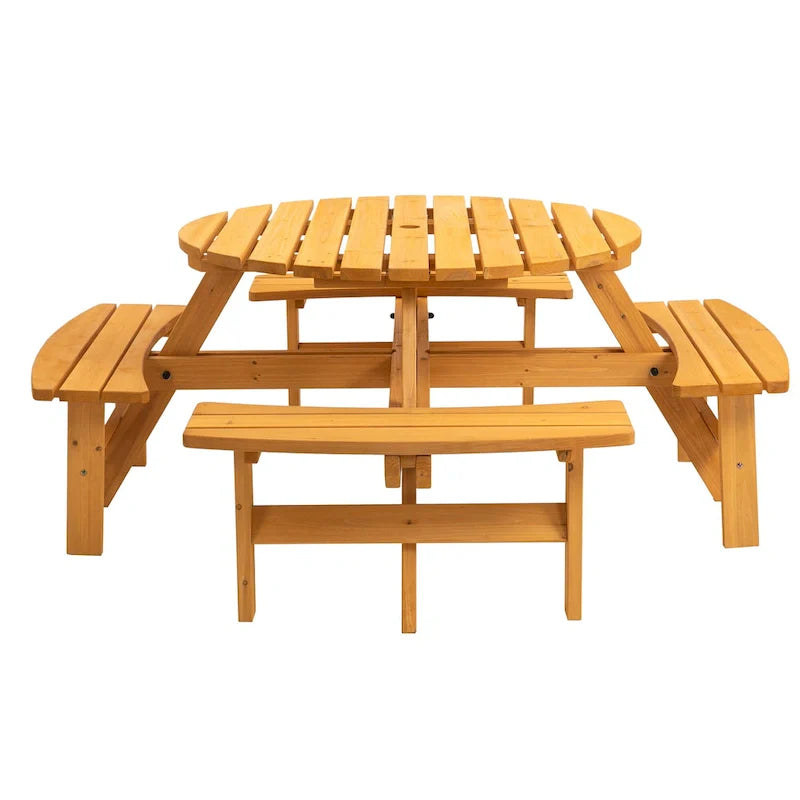 Ensemble de salle à manger rond en bois de sapin pour patio extérieur 8 personnes avec 4 bancs intégrés et trou pour parasol