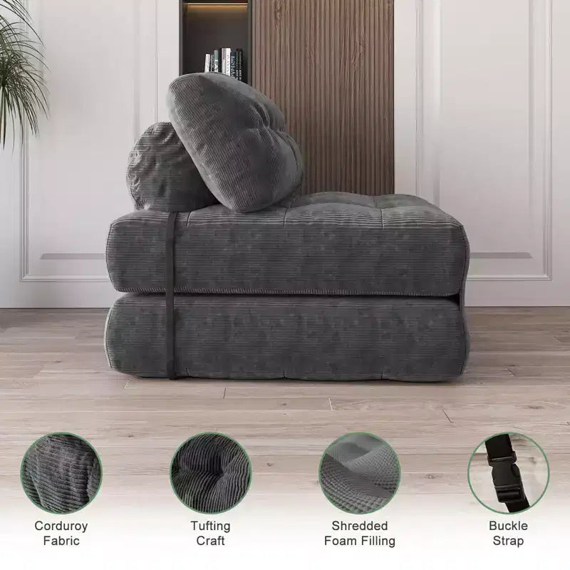 Canapé-lit futon pliant entièrement en velours côtelé, chaise de couchage convertible au sol avec oreiller et dossier