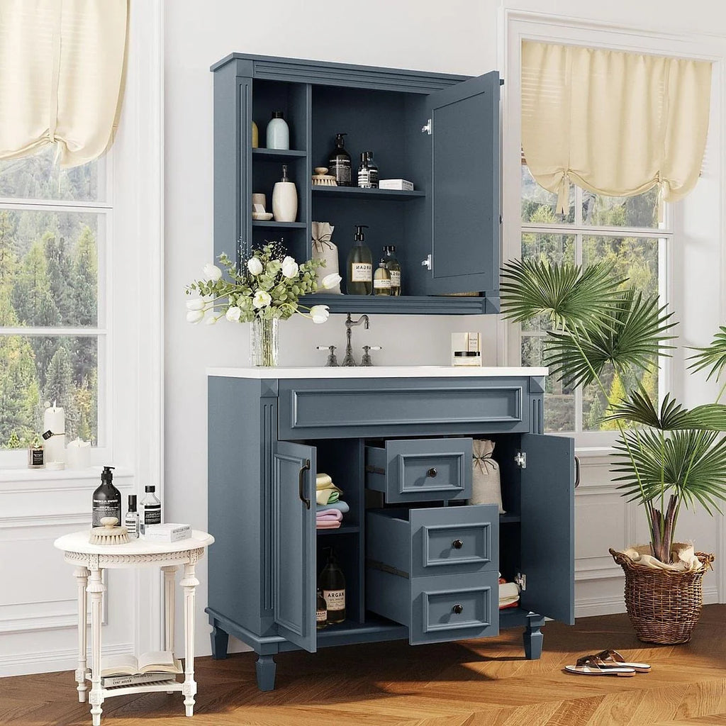 Meuble-lavabo de salle de bain moderne de 91 cm avec lavabo et armoire de toilette, 2 portes et 2 tiroirs