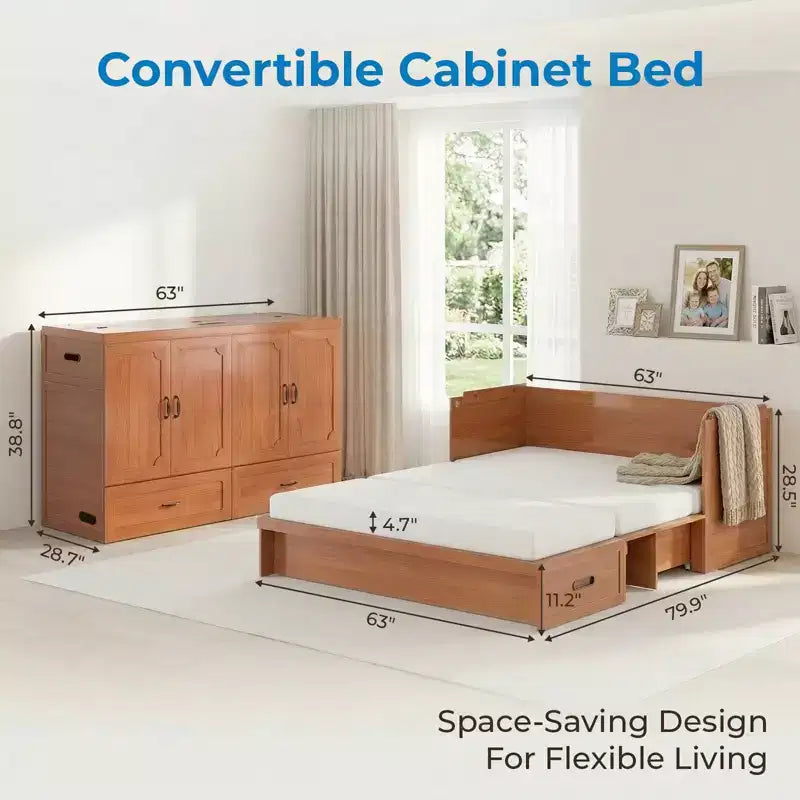 Lit armoire escamotable convertible Mjkone Queen Size avec chargement USB, tiroirs de rangement, matelas non inclus
