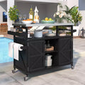 Îlot de cuisine d'extérieur Okak avec plateau en acier inoxydable, chariot de cuisine en bois avec portes, étagères et porte-épices, îlot de cuisine roulant