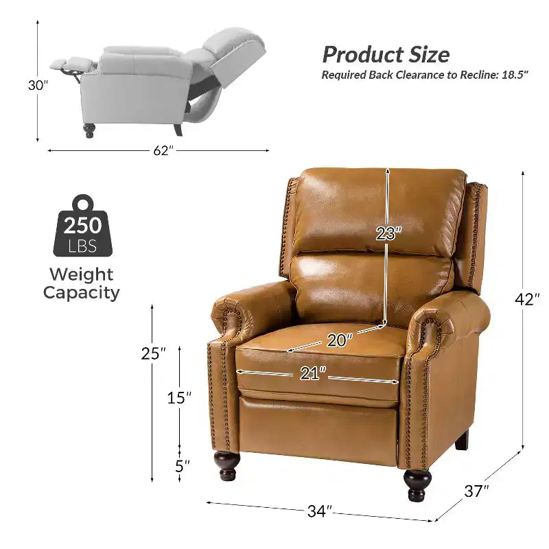 Ensemble de 2 fauteuils inclinables modernes en cuir véritable Elisabete avec garniture cloutée vintage pour salon et chambre à coucher | ART OF LIVING DESIGNS