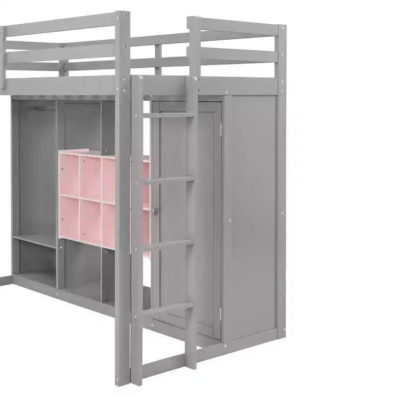 Lit mezzanine enfant avec armoire et étagères, Cadre de lit mezzanine en bois avec meuble de rangement pour enfants et adolescents